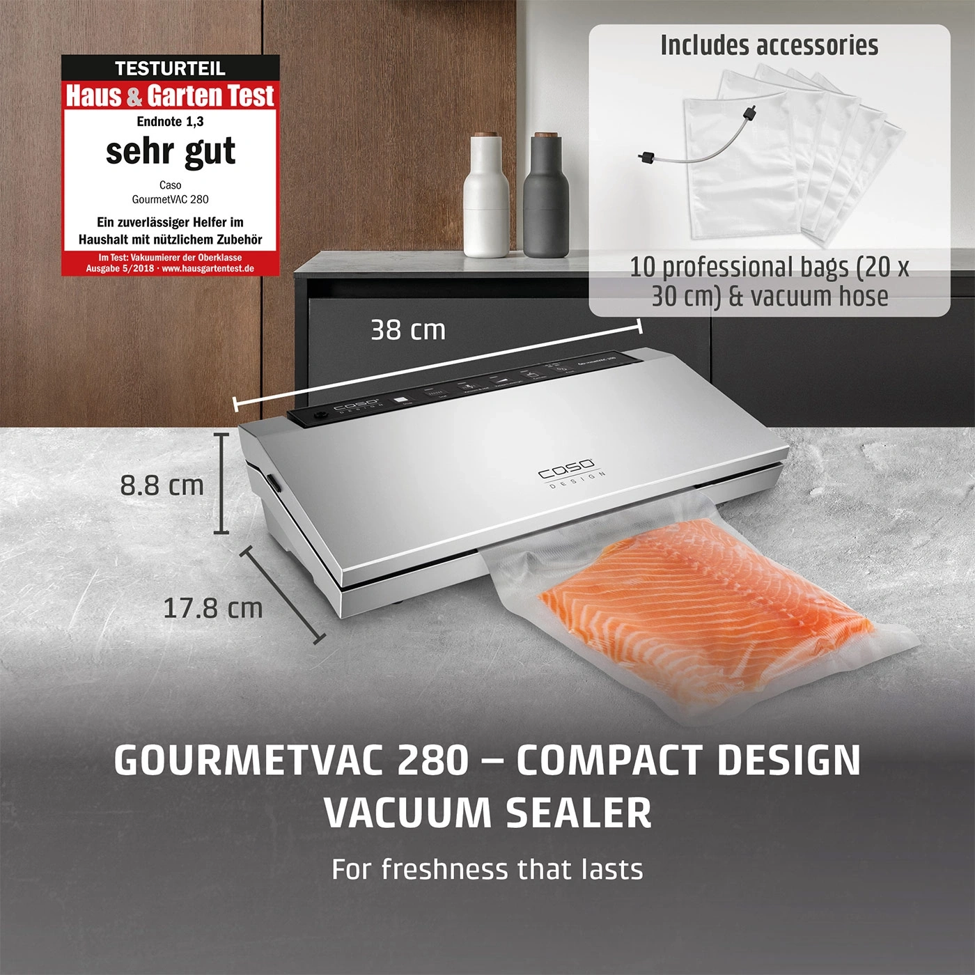 A vacuum sealer with accessories and dimensions, keeping food fresh.