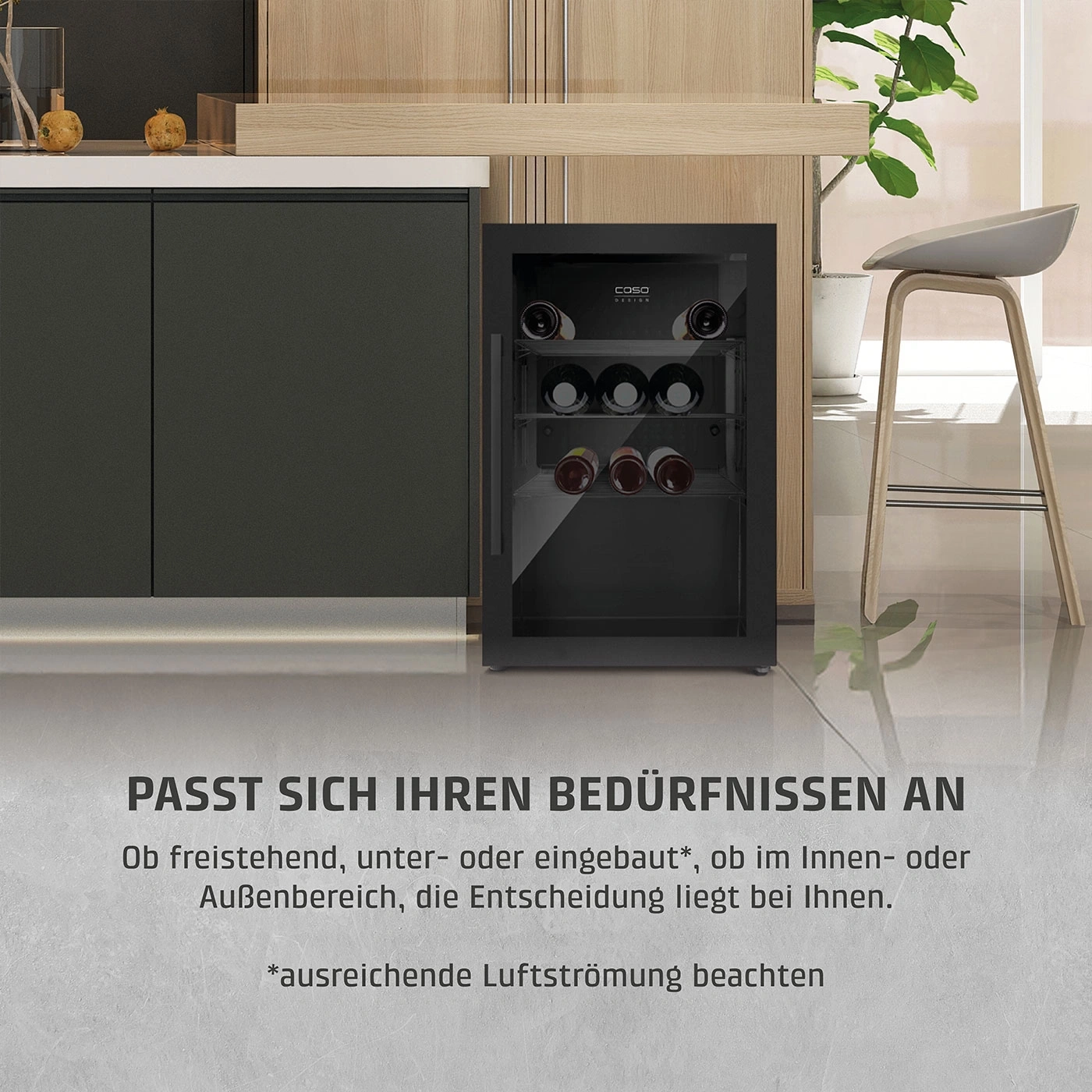 Weinkühlschrank, flexibel, Innen- oder Außenbereich, freistehend, eingebaut, Caso Design, passt sich an