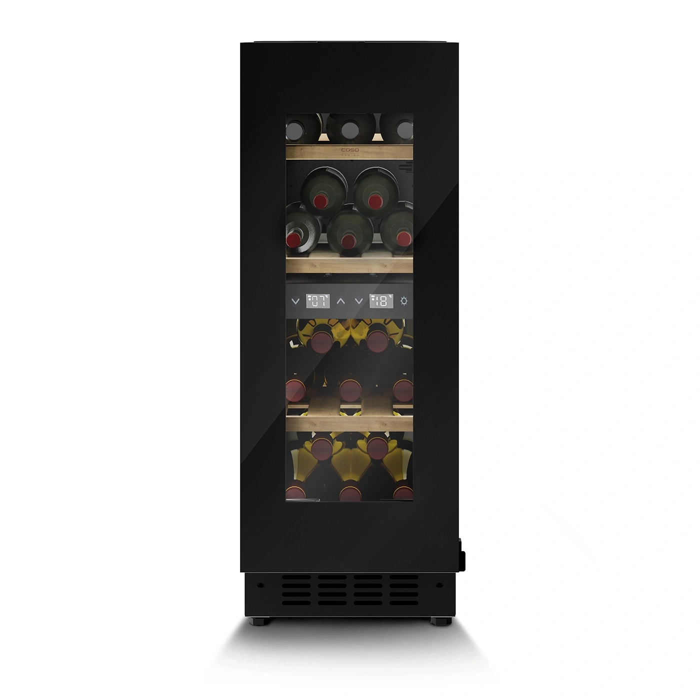 Schwarzer Weinkühlschrank mit Glasfront und Weinflaschen im Inneren.