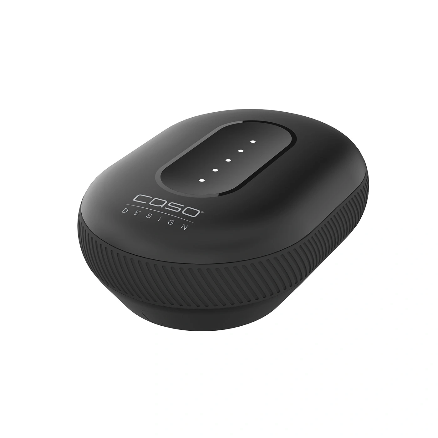 Black oval device with Caso Design logo and white dots on top.