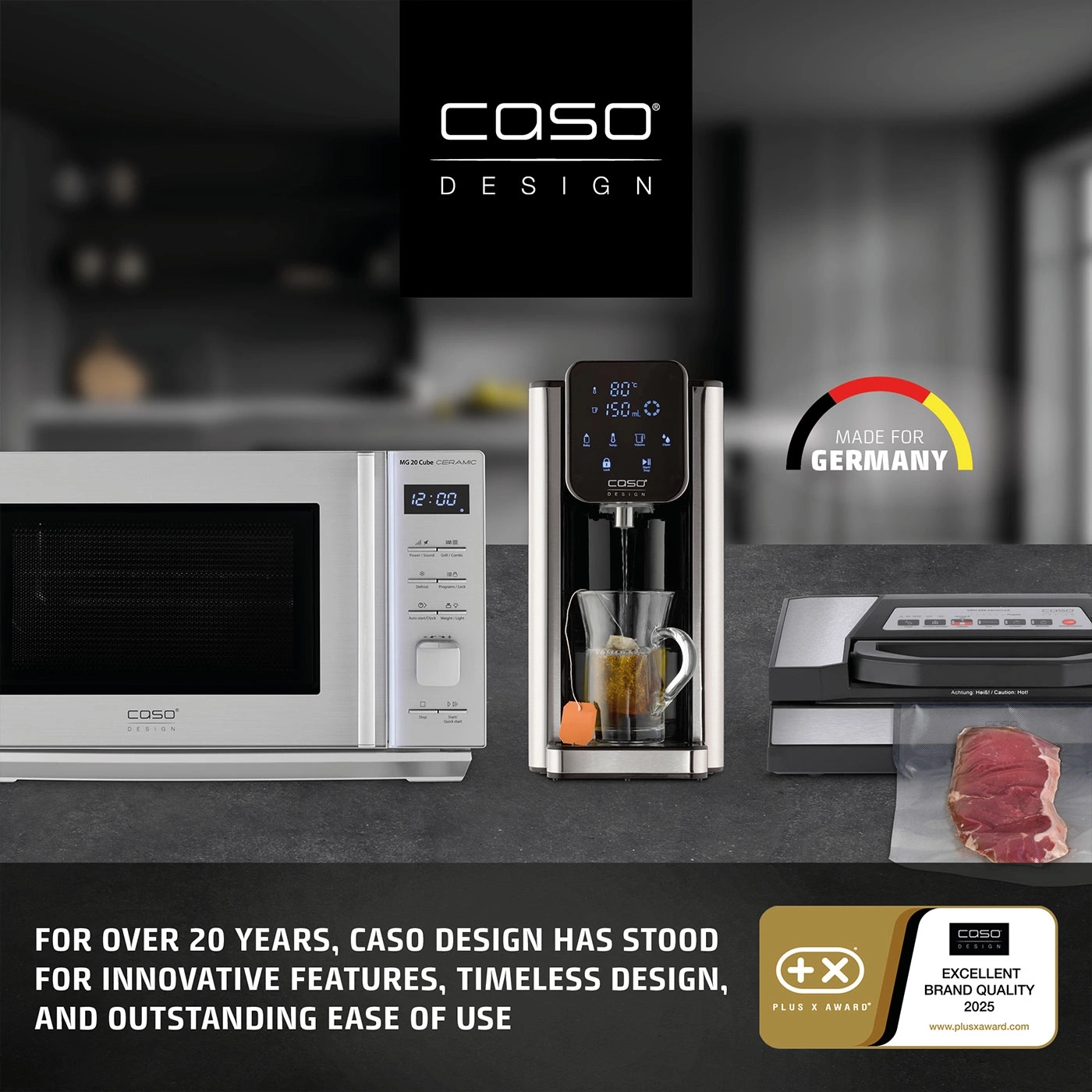 An advertisement for Caso Design kitchen appliances featuring a microwave, kettle, and vacuum sealer.
