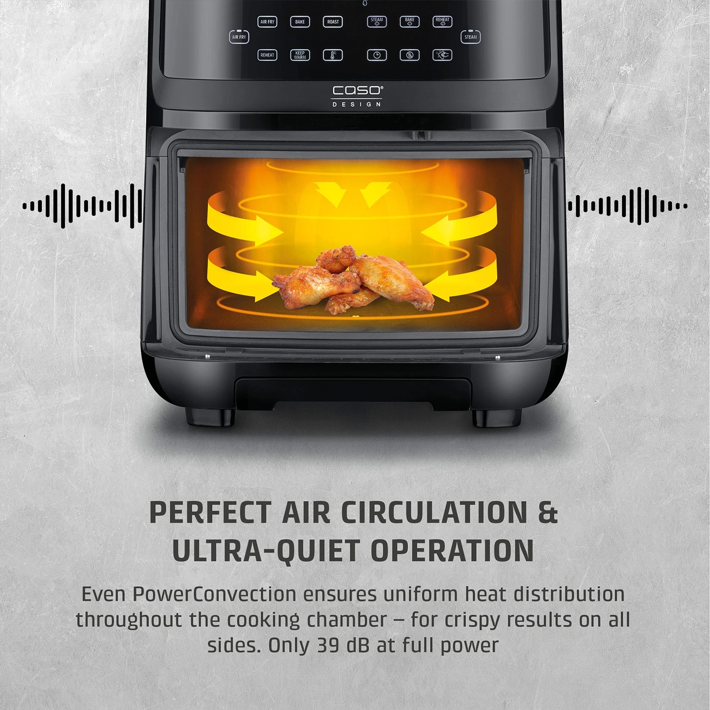Air fryer with chicken wings, perfect air circulation, quiet, PowerConvection, crispy results.