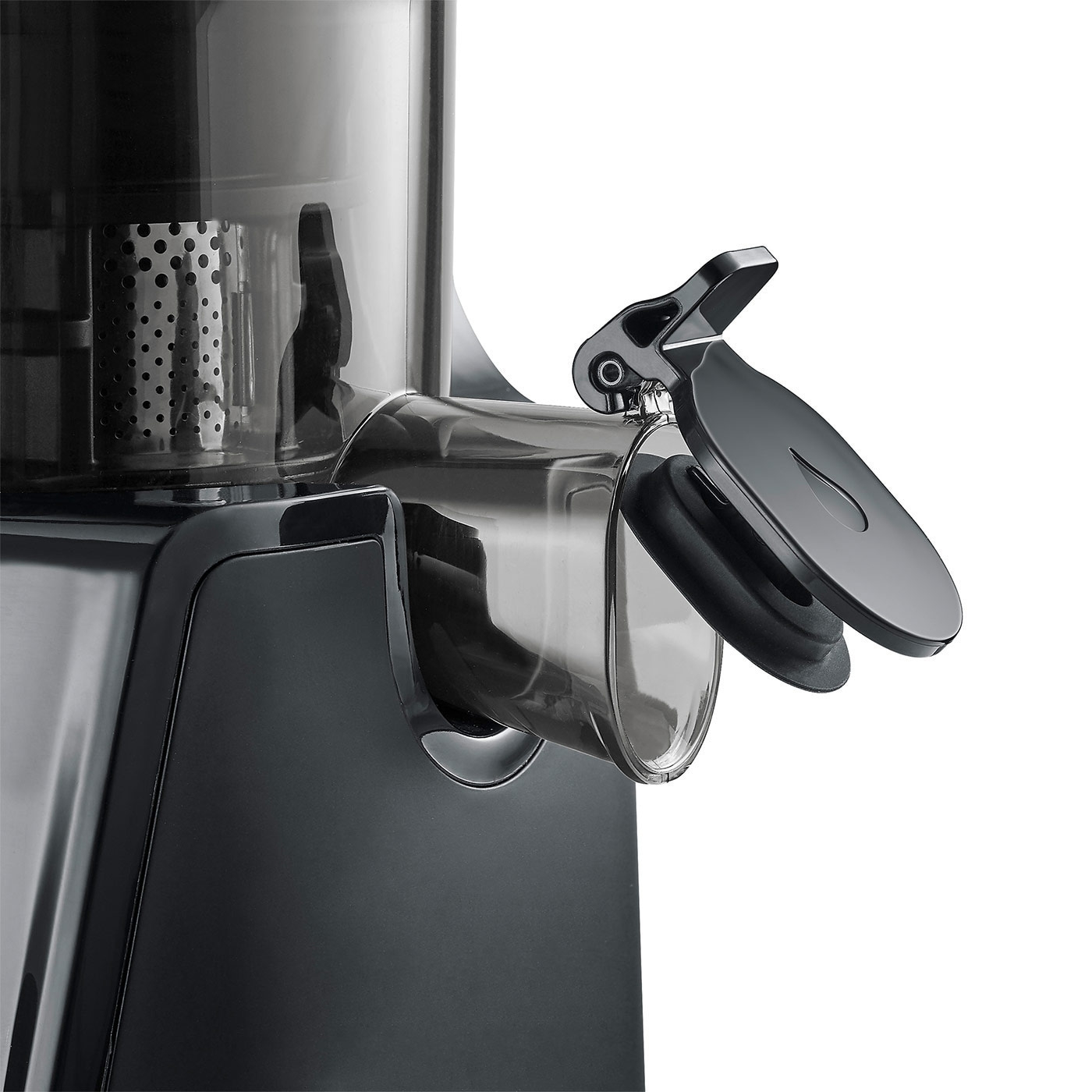 Close-up of a black juicer with an open lid and transparent components