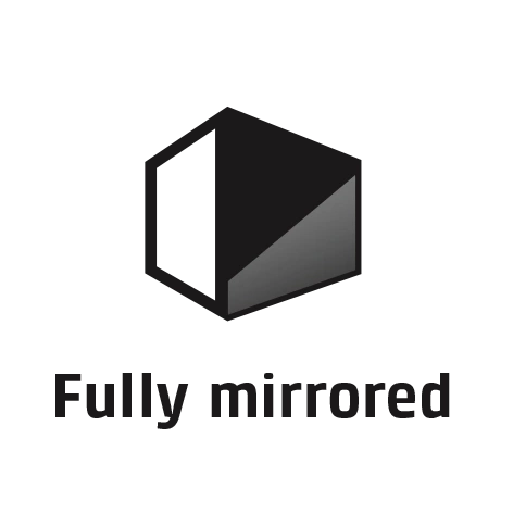 Black and gray logo with the words 'Fully mirrored' on a black background.
