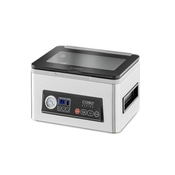 A silver vacuum sealer machine with a black lid and control panel.