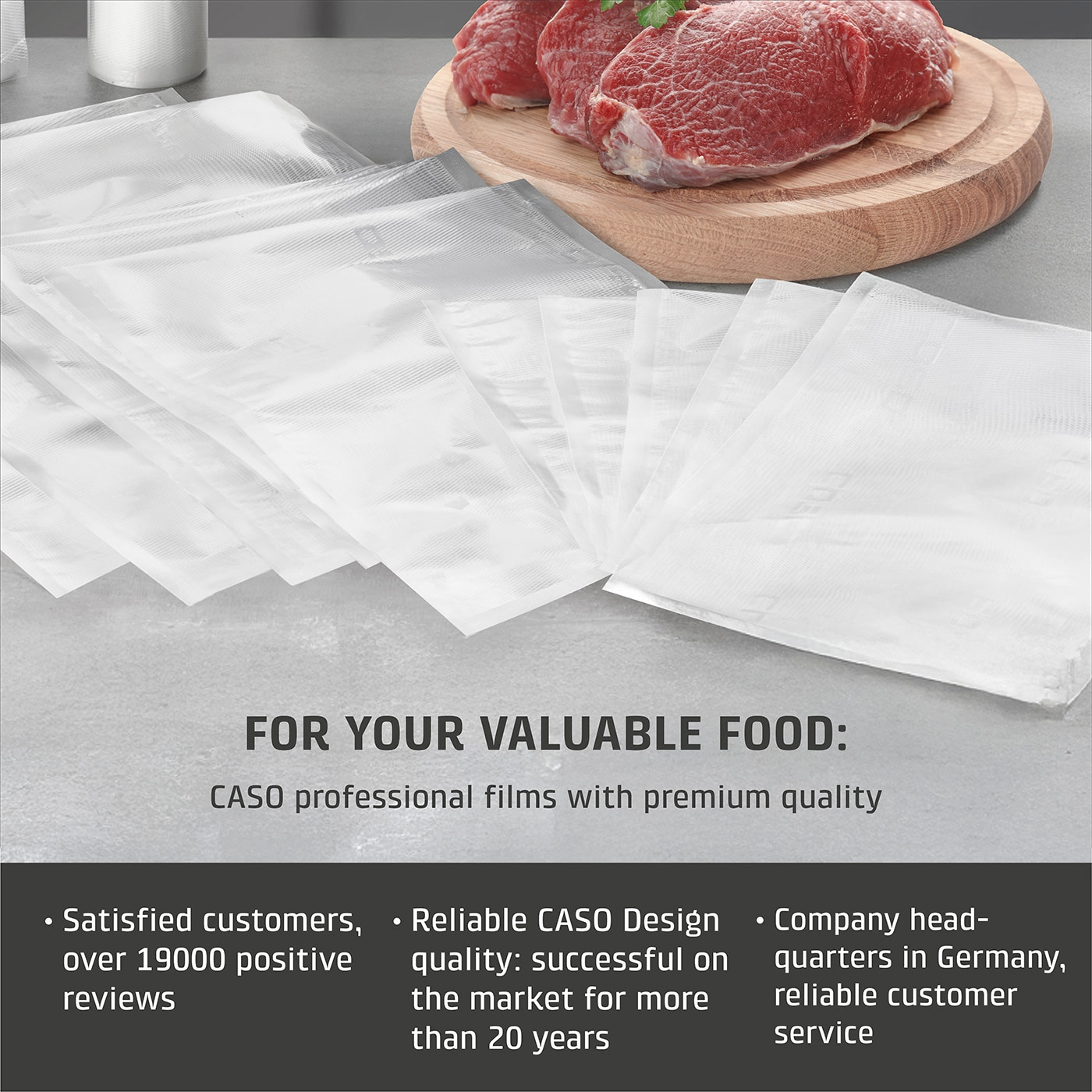Food packaging with text: Satisfied customers, quality, headquarters in Germany