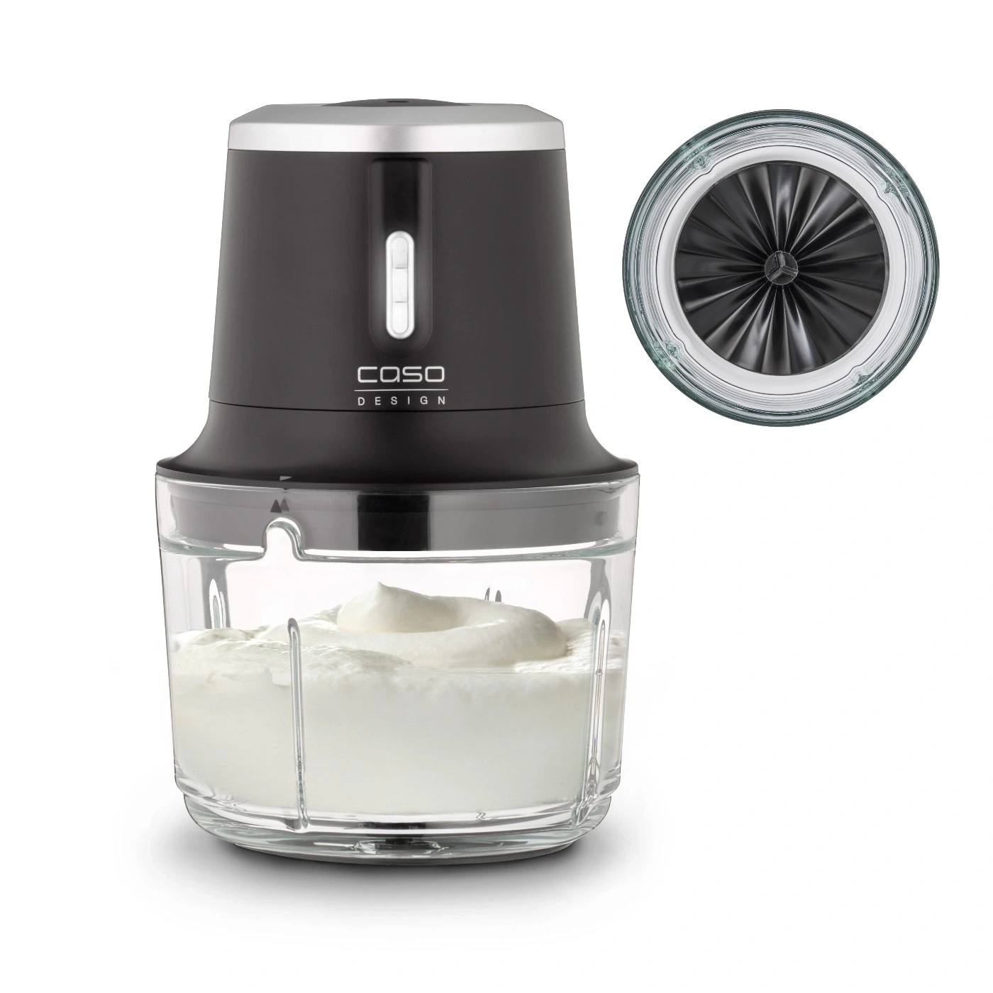 Black kitchen blender with glass container and white contents, isolated.