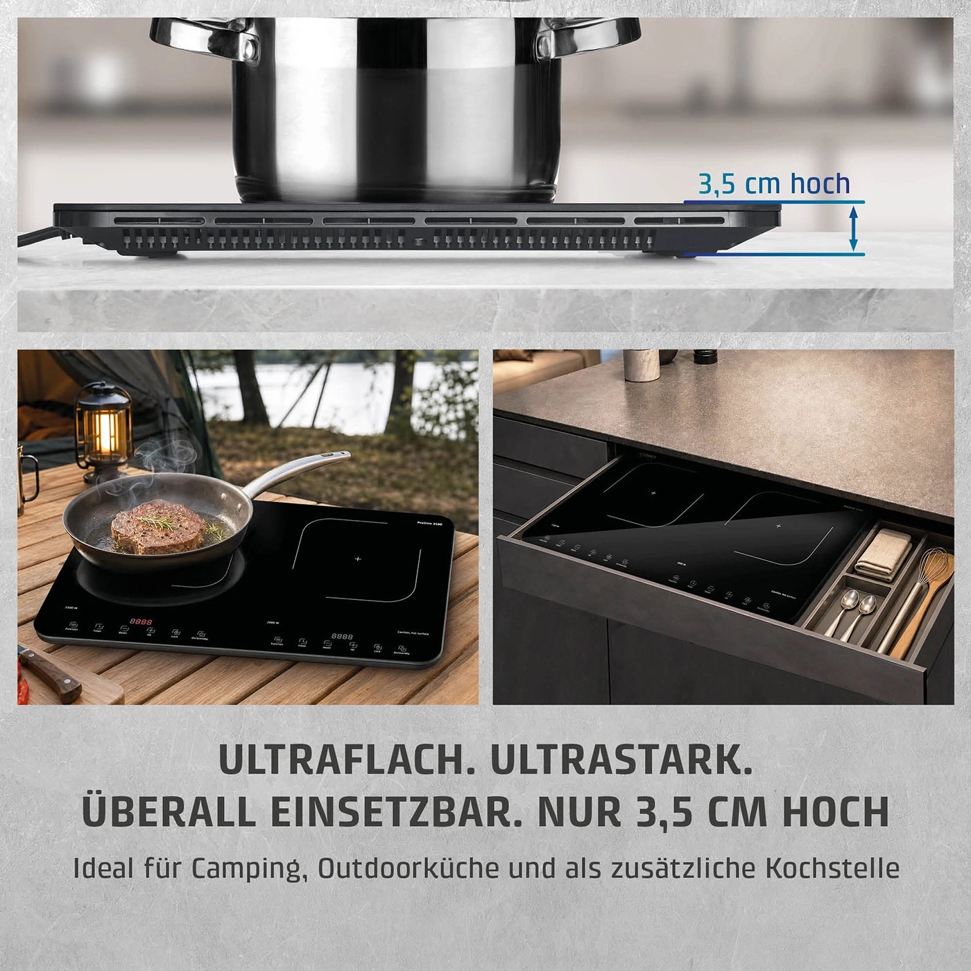 Eine ultraflache Kochplatte aus schwarzem Glas steht auf einem Holztisch im Freien.