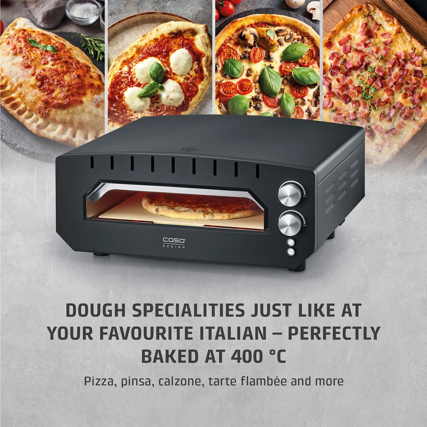 A pizza oven with four different types of pizza and text.
