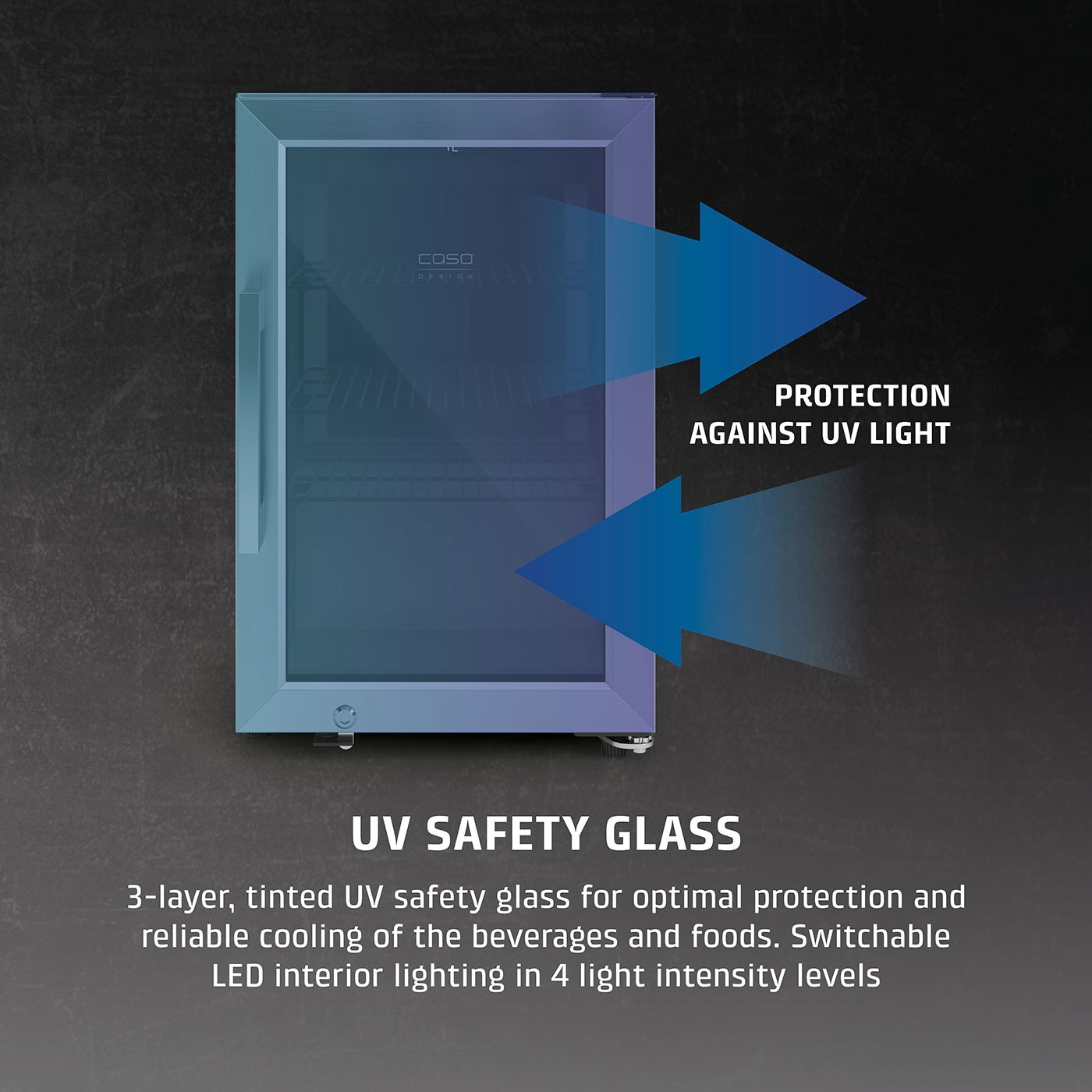 Refrigerator with UV-protective glass, blocks UV light, LED interior lighting, 3-layer, tinted.