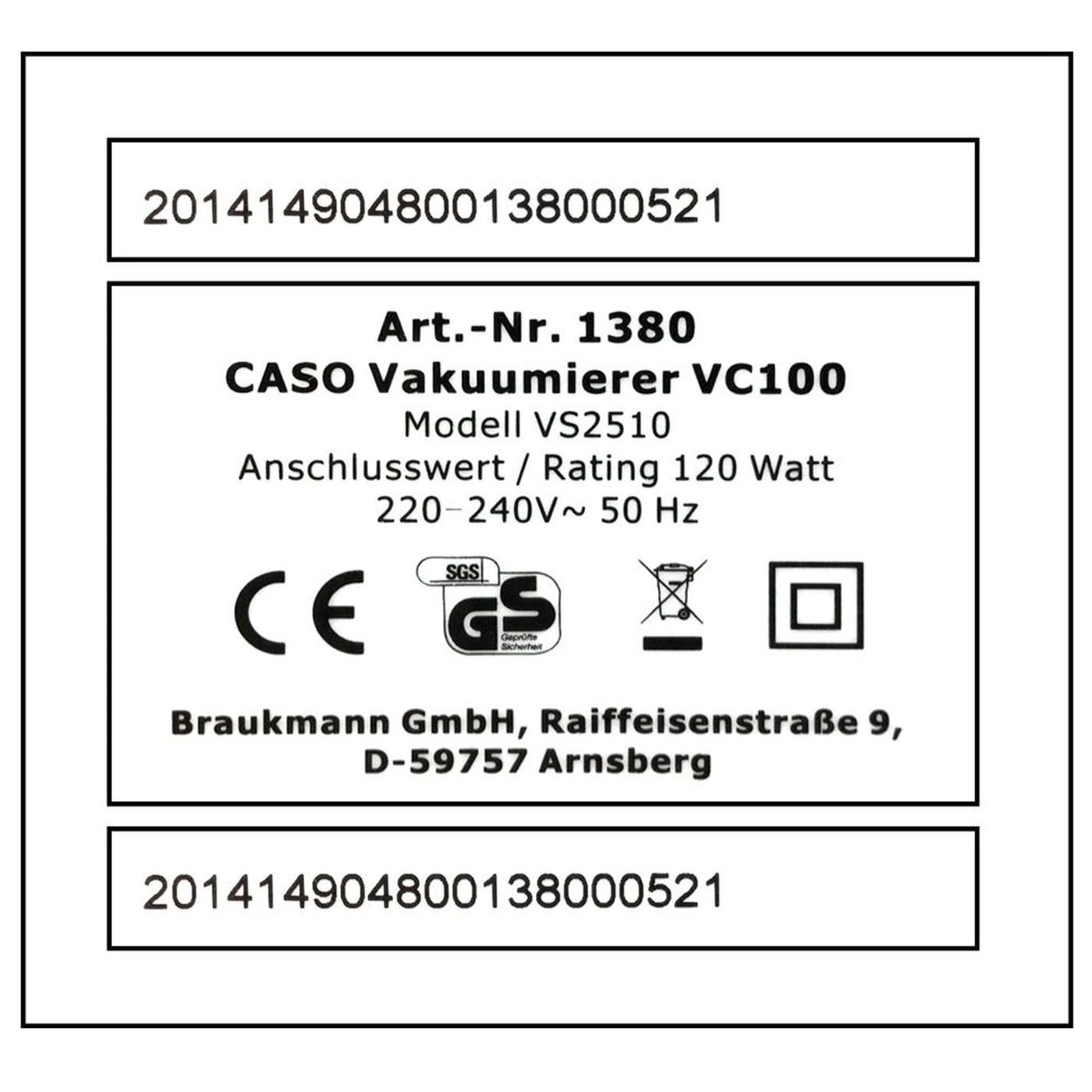 Product information: vacuum sealer, model, power, manufacturer, address, serial numbers.