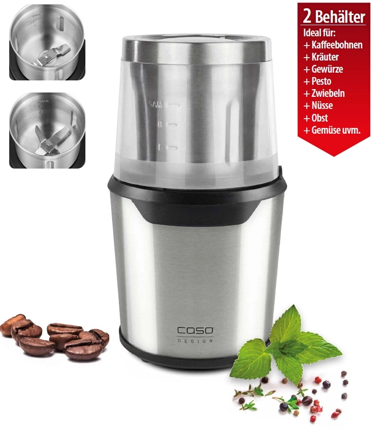 Kaffeemühle mit 2 Behältern, ideal für Kaffee, Kräuter, Gewürze, Pesto, Zwiebeln, Nüsse, Obst und Gemüse.