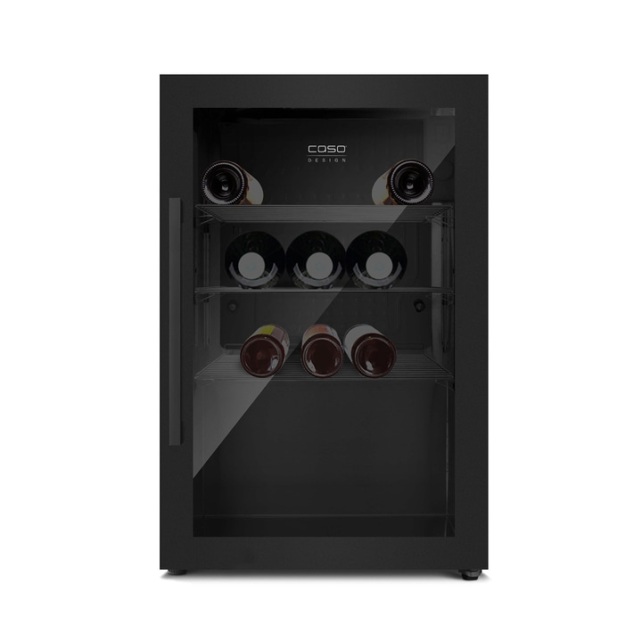 Black wine cooler with glass front and wine bottles inside the fridge.