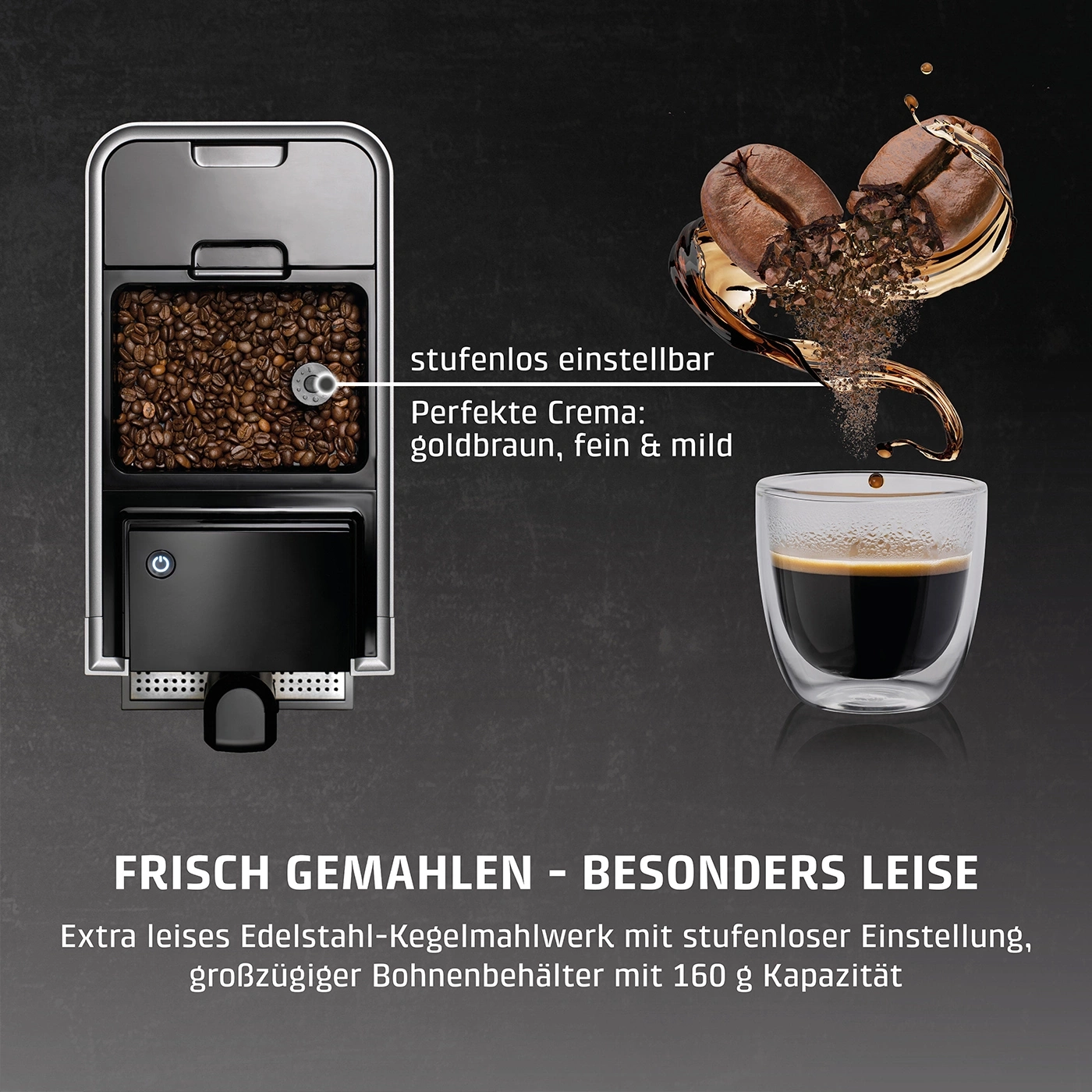 Kaffeemaschine mit frisch gemahlenen Bohnen, goldbraune Crema, leise Mahlung, 160g Kapazität