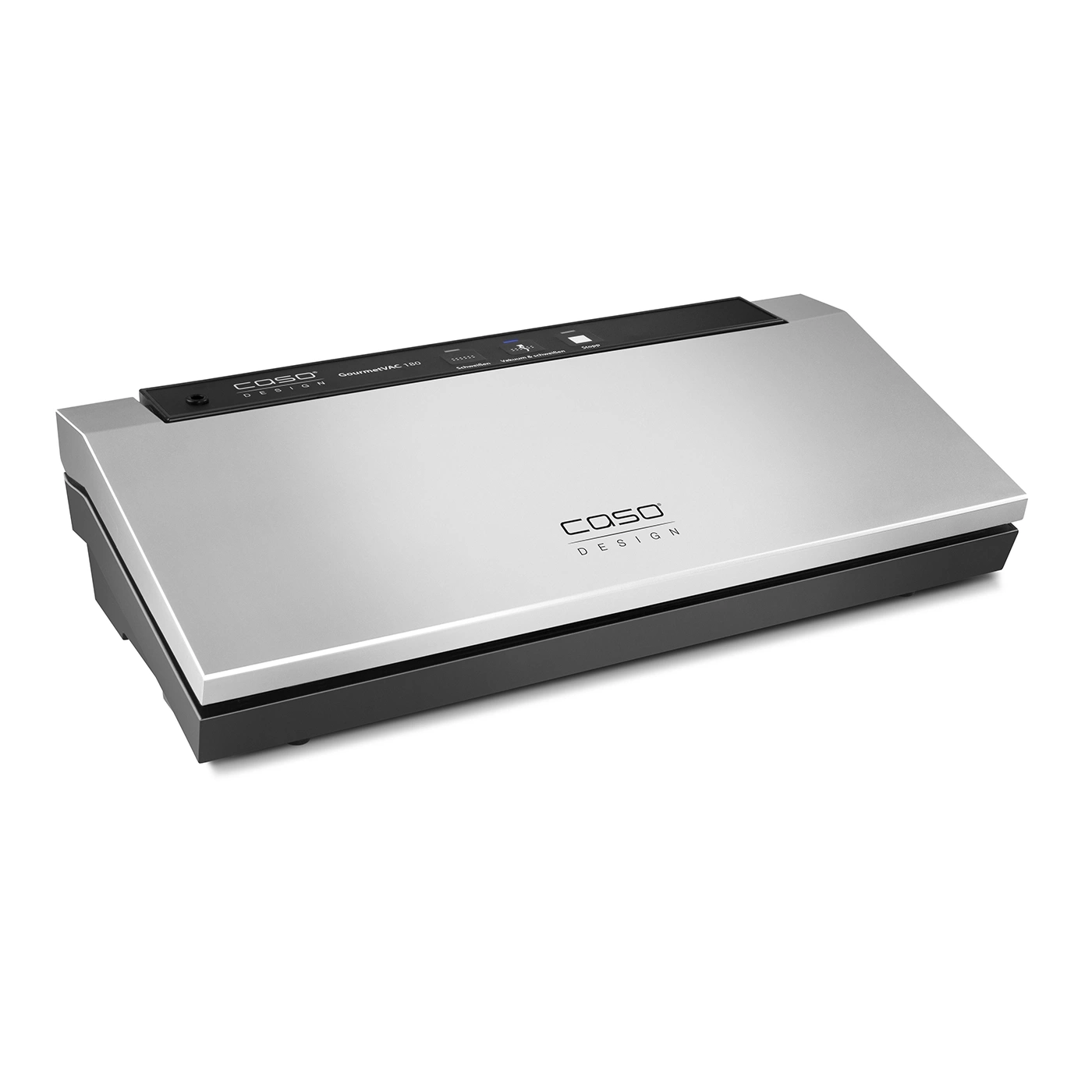 Silver vacuum machine with black base and Caso Design logo
