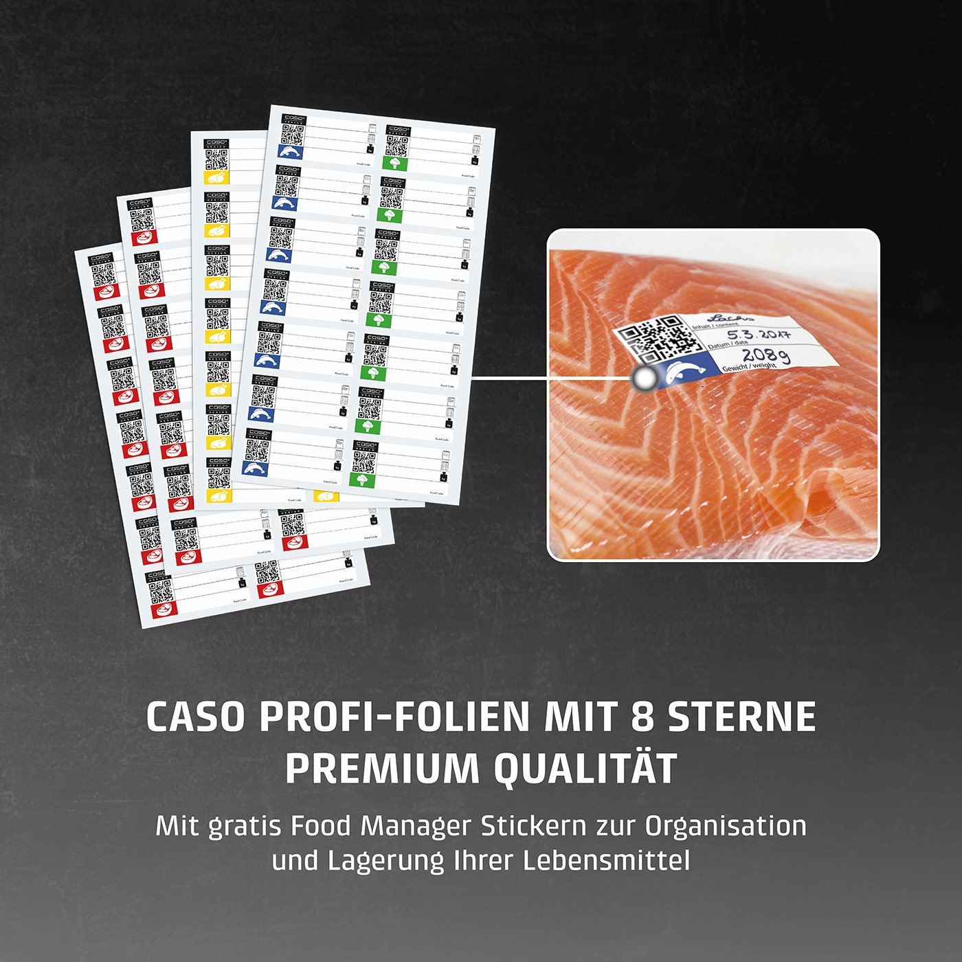 Lachs mit Etikett und Aufklebern, Caso Profi-Folien, Premium Qualität, Lebensmittel