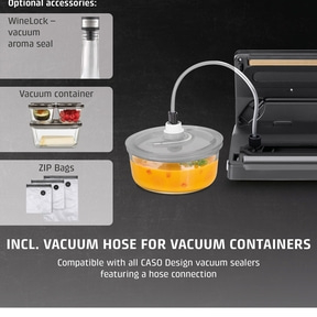 Vacuum sealer accessories: vacuum aroma lock, containers, zip bags, external vacuum hose.