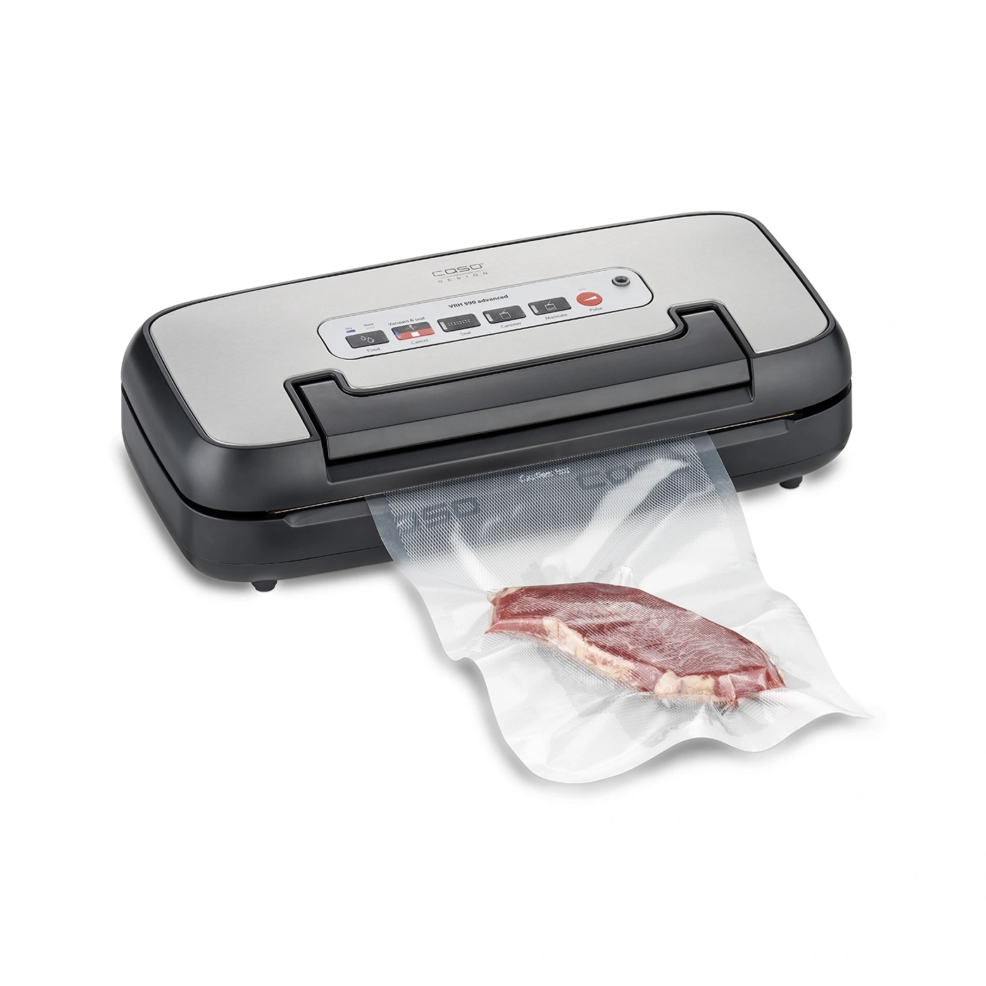 Vacuum sealer with meat in a bag, ready for vacuum sealing and preservation.