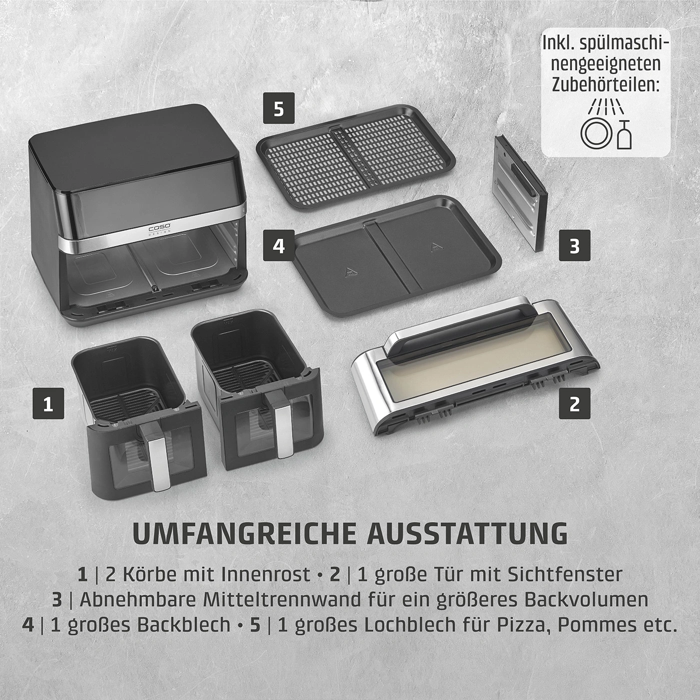 Luftfritteuse mit Zubehör: Körbe, Backblech, Trennwand, Lochblech, Tür mit Sichtfenster.