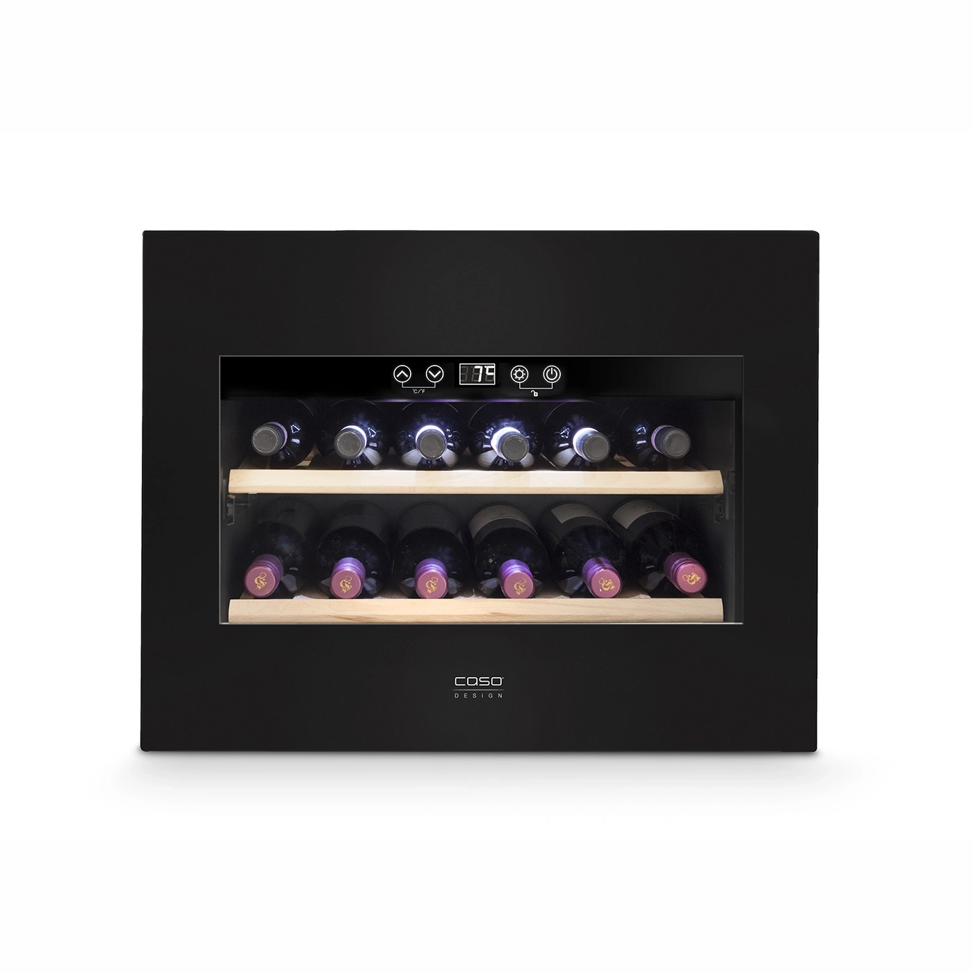 Black wine cooler with wine bottles and temperature display