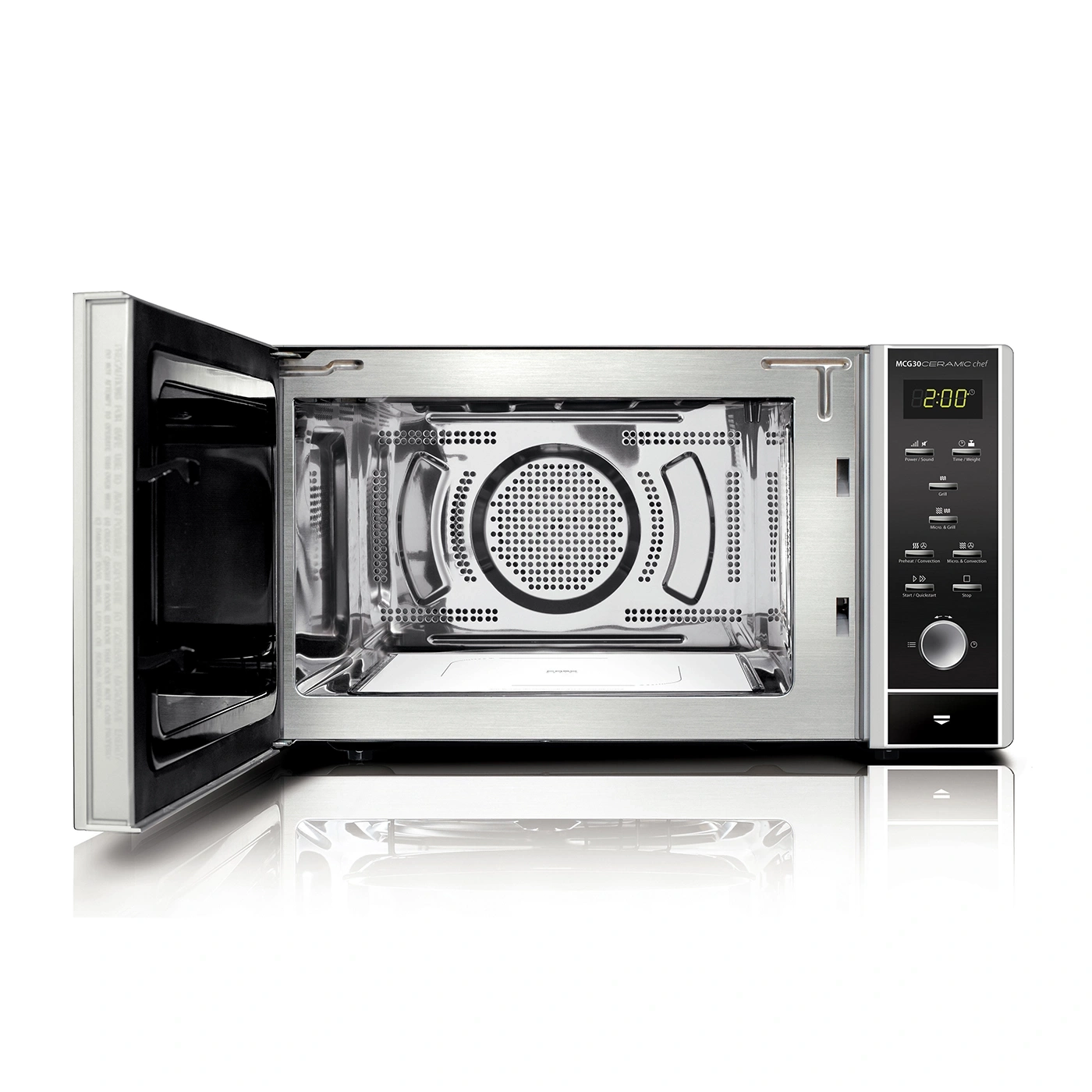Microwave with open door, control panel, stainless steel, cooking, interior, time display, kitchen