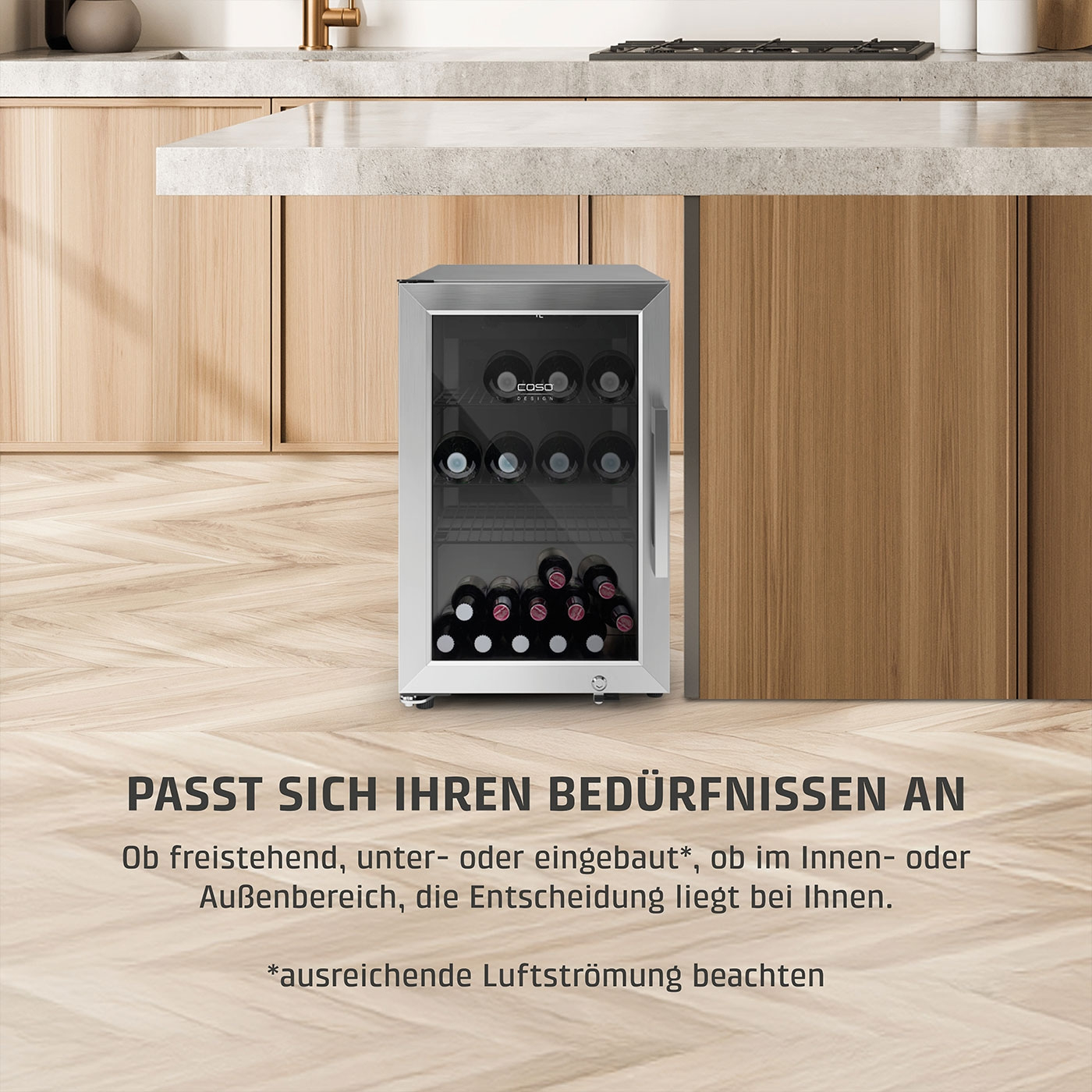 Weinkühlschrank, flexibel einsetzbar, für Innen- und Außenbereich, freistehend oder eingebaut.