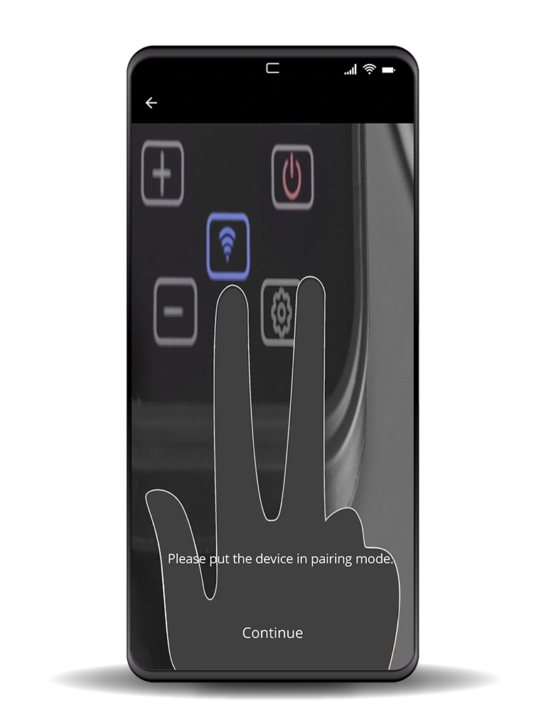 Smartphone screen with hand, prompt for pairing mode, buttons, and 'Continue' text.
