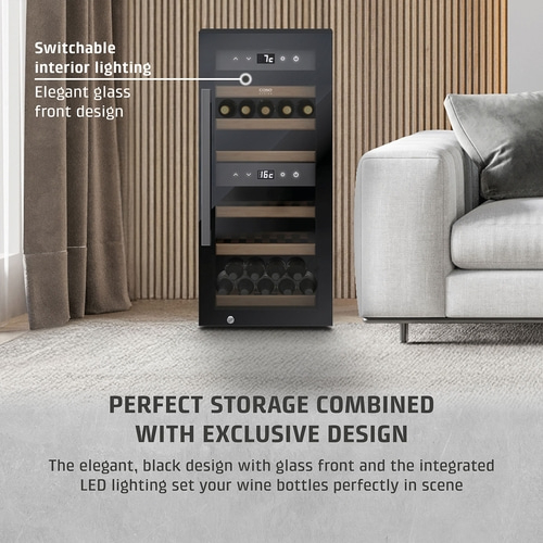 Wine cooler with elegant design, glass front, and interior lighting. Perfect wine storage.