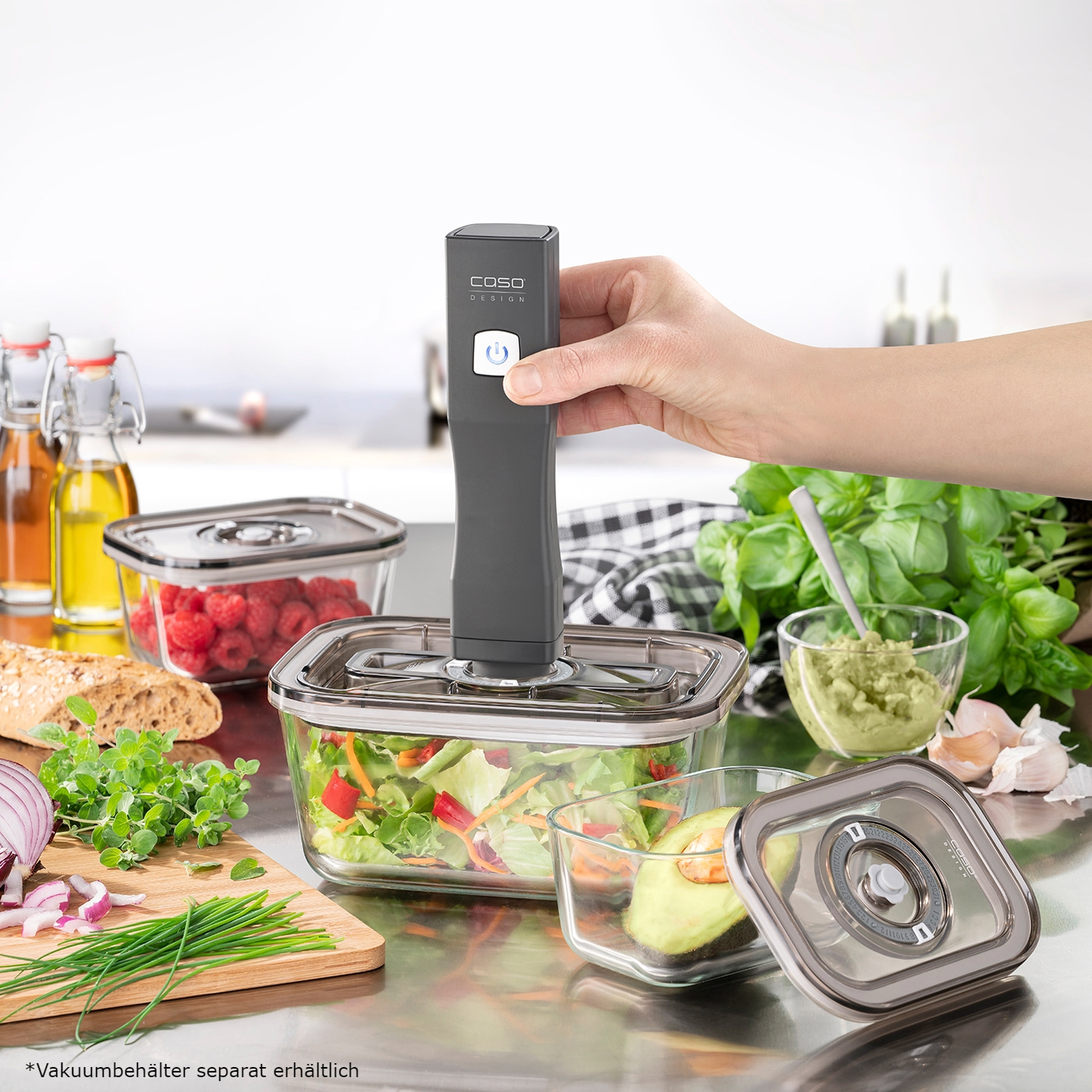 Vacuum sealer with containers, vegetables, fruits, kitchen, food, fresh, Caso Design
