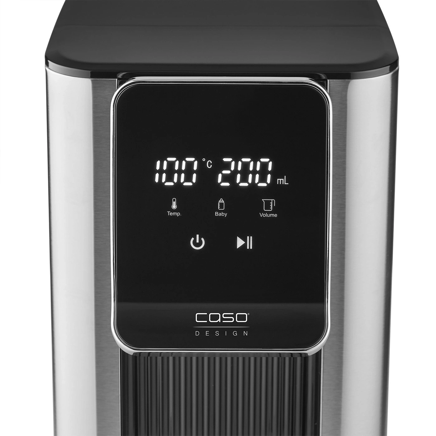 Digital display of a baby bottle warmer with temperature and volume display.