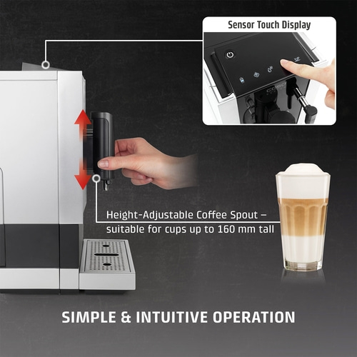 Coffee machine with sensor touch display, adjustable spout, and easy operation.