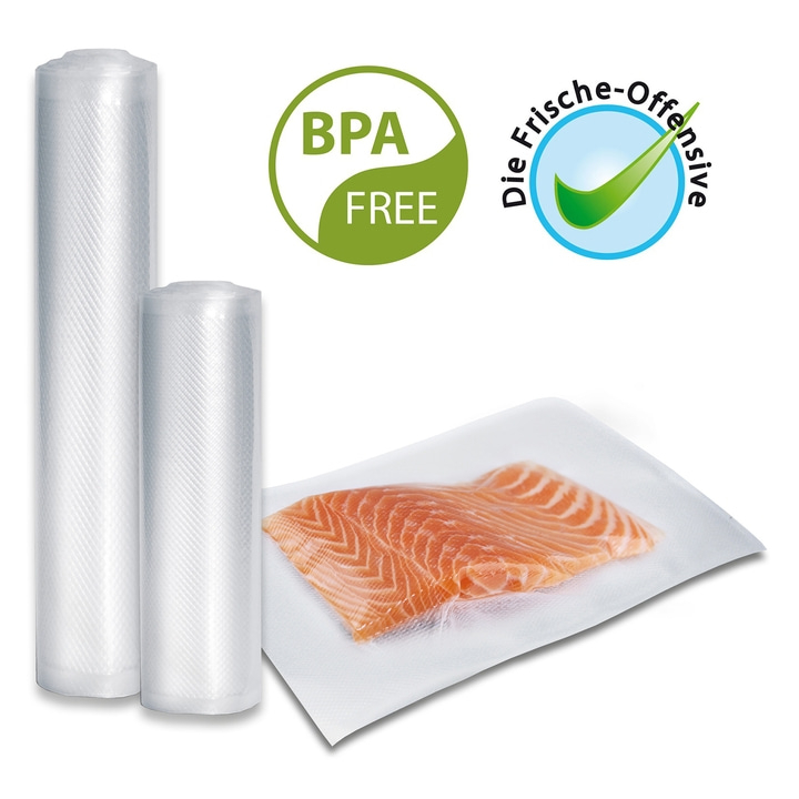 Vacuum bags with salmon fillet and BPA-free seal for fresh food preservation.