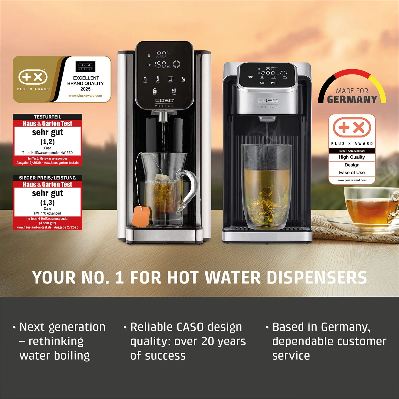 Two CASO hot water dispensers and a cup of tea on a wooden table at sunset.