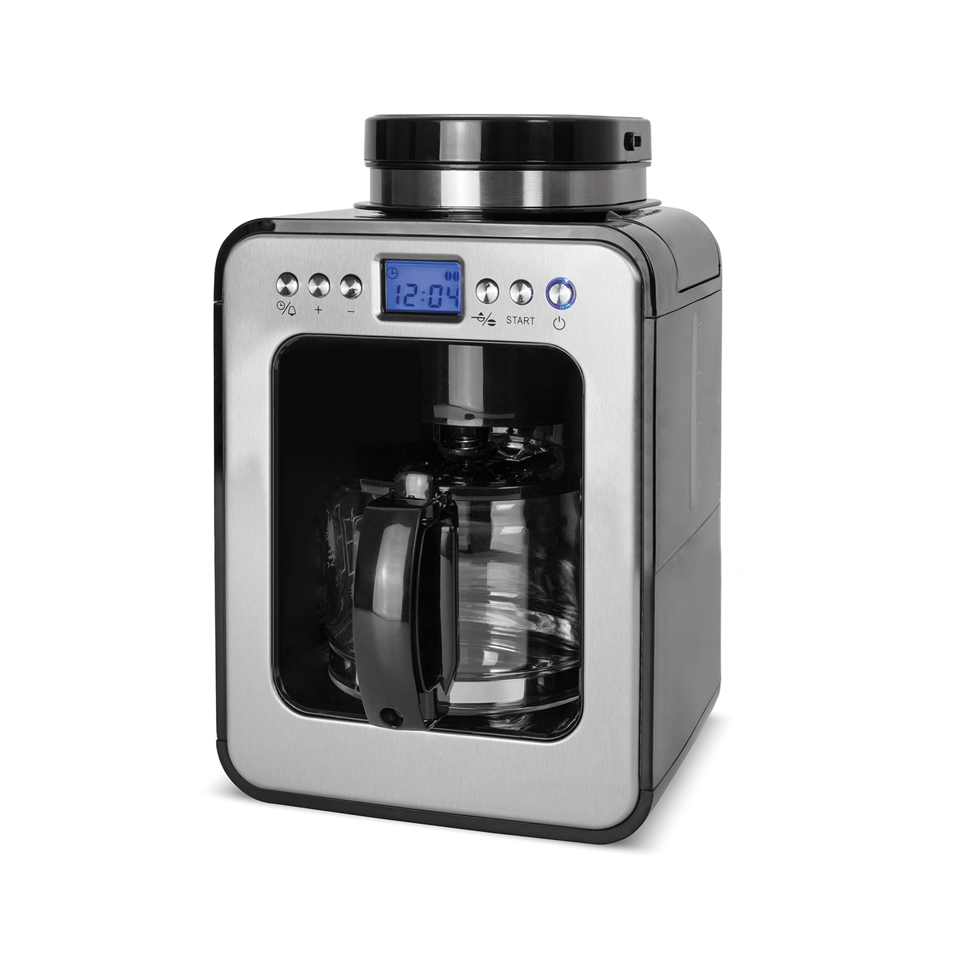 Kaffeemaschine mit digitaler Anzeige und Glaskanne, Edelstahl-Design, modernes Gerät