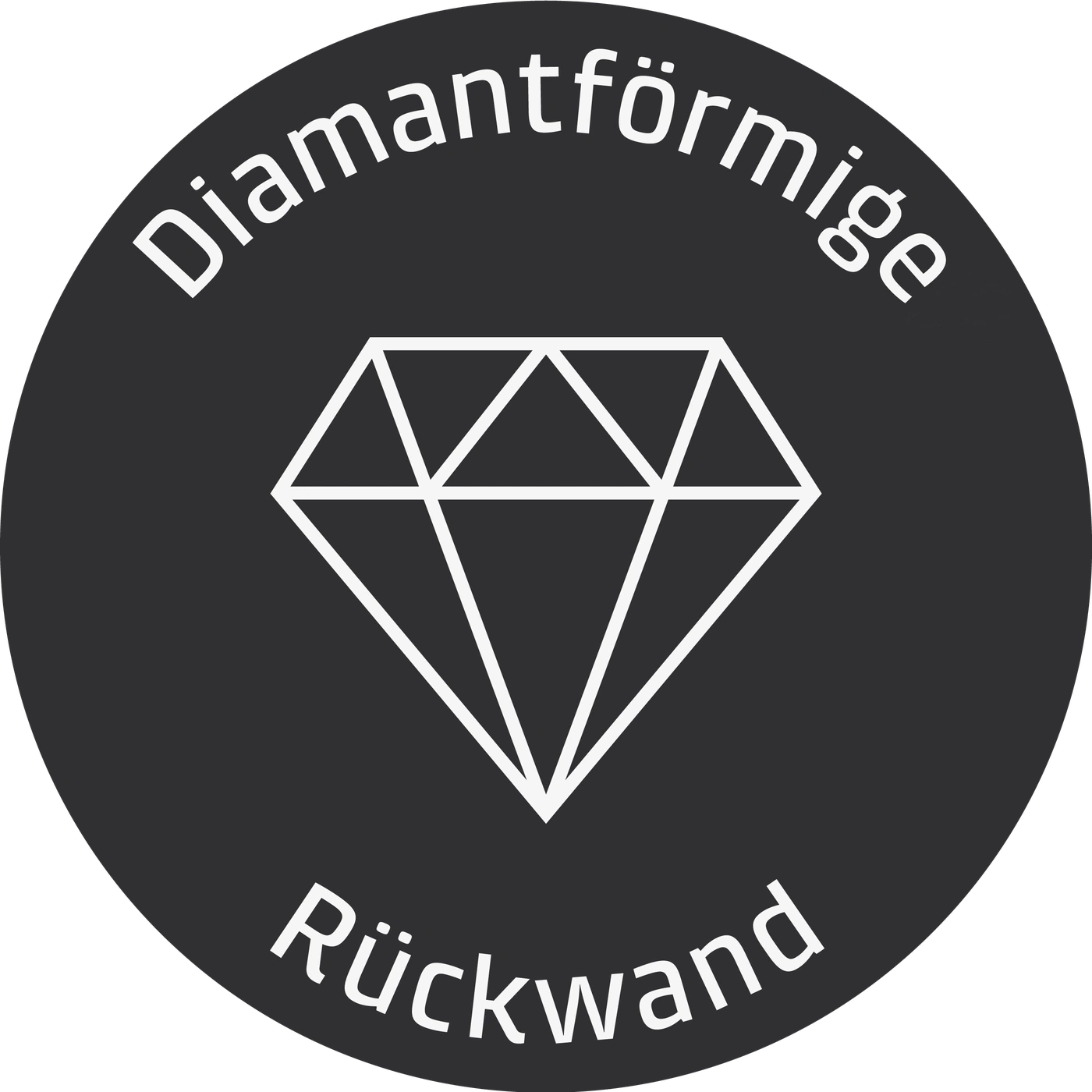 Diamantförmige Rückwand, ein Logo mit einem Diamanten auf schwarzem Hintergrund.