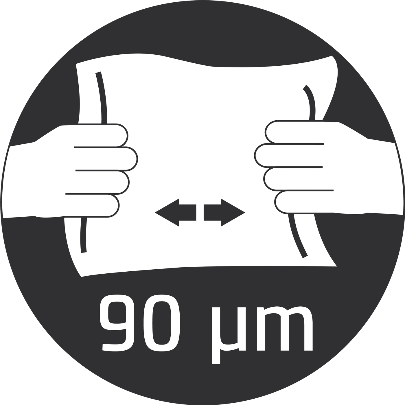 Symbol showing stretching, 90 μm. Hands pulling on a material to show extension.