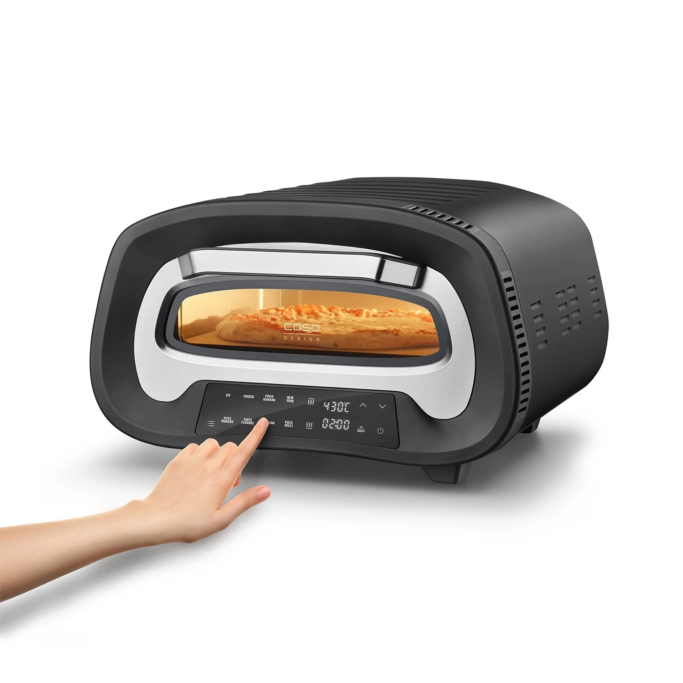 Pizzaofen mit Touchscreen, Hand berührt Bedienfeld, Pizza im Ofen
