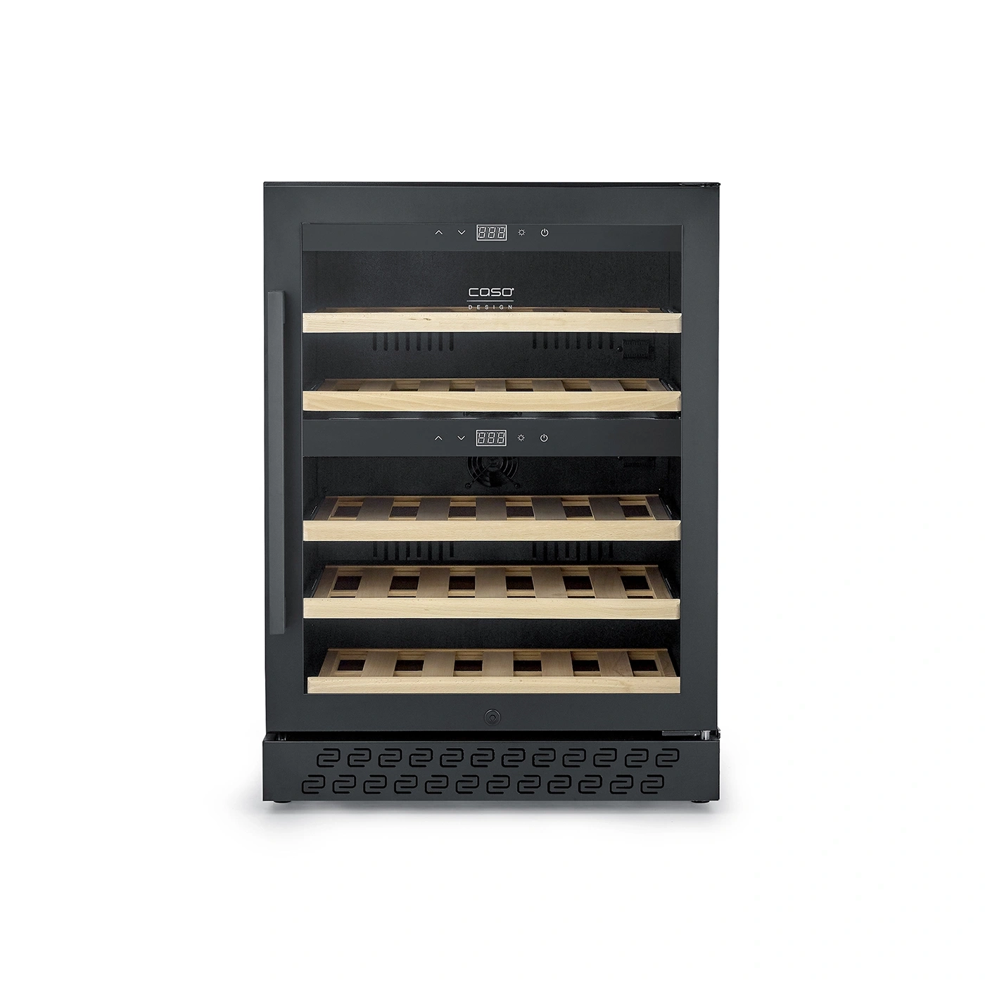 Ein schwarzer Weinkühlschrank mit Glastür und Holzböden.