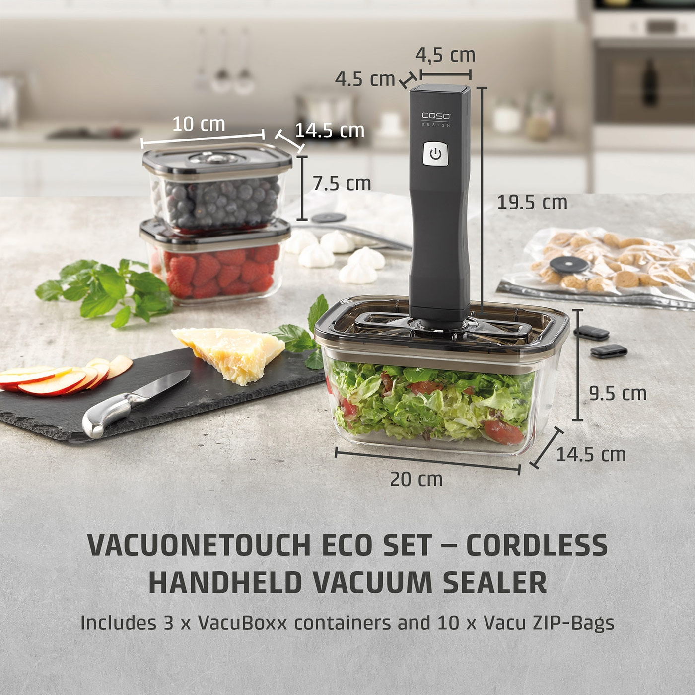 Vacuum sealer set with containers and accessories for kitchen, vegetables and fruits.