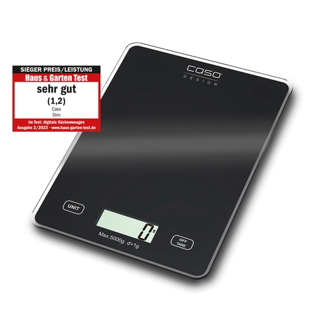 Küchenwaage Caso Slim, sehr gut bewertet, mit Anzeige und Knöpfen.