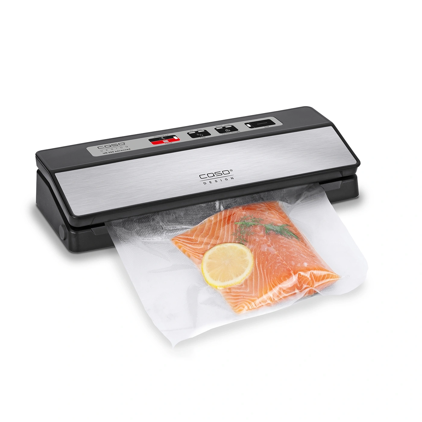 Vacuum sealer with salmon and lemon in a plastic bag, ready to be sealed.
