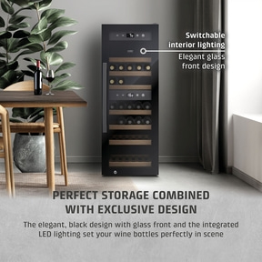 Wine cooler with glass front and lighting, elegant design, wine storage