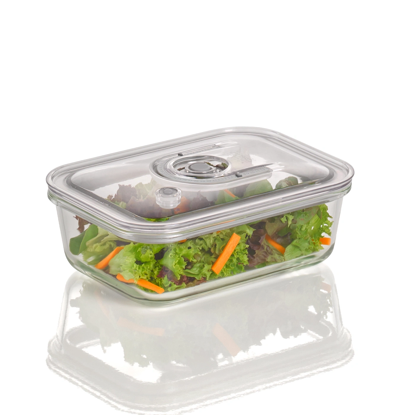 Glasbehälter mit Salat und Karotten, Deckel, Reflexion, weißer Hintergrund