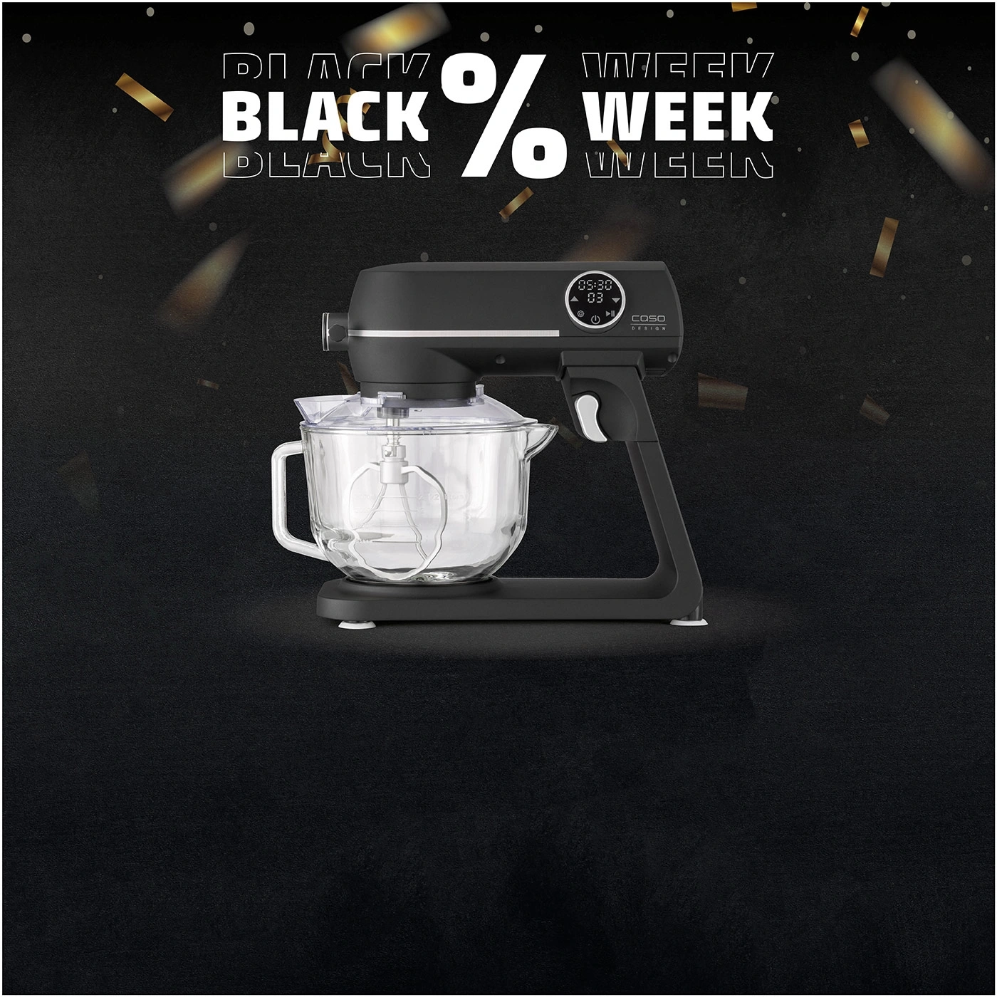 Black kitchen machine with Black Week discount on black background with confetti.