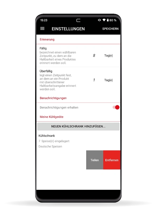Einstellungen für Erinnerungen und Kühlgeräte in einer App.
