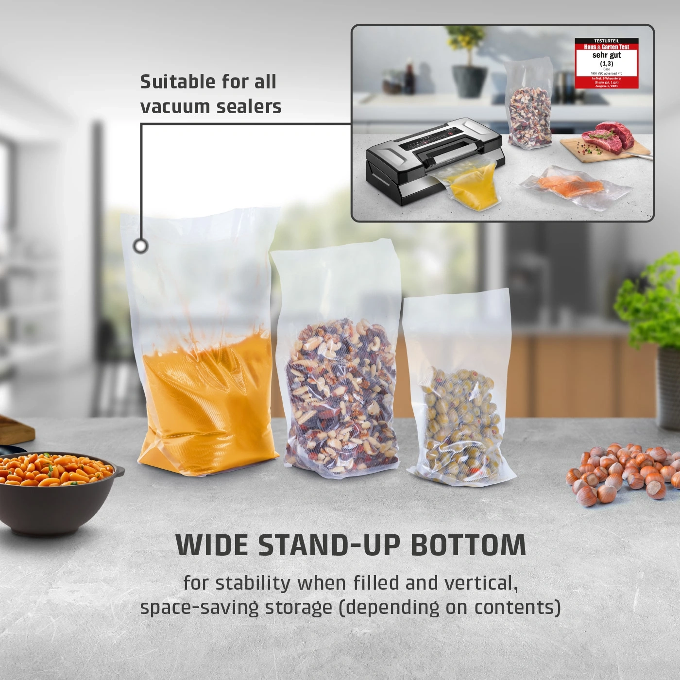 Vacuum bags with content, text: Suitable for all vacuum sealers, WIDE BASE