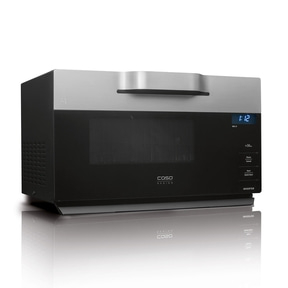 Microwave with digital display and control panel, modern design, stainless steel look.