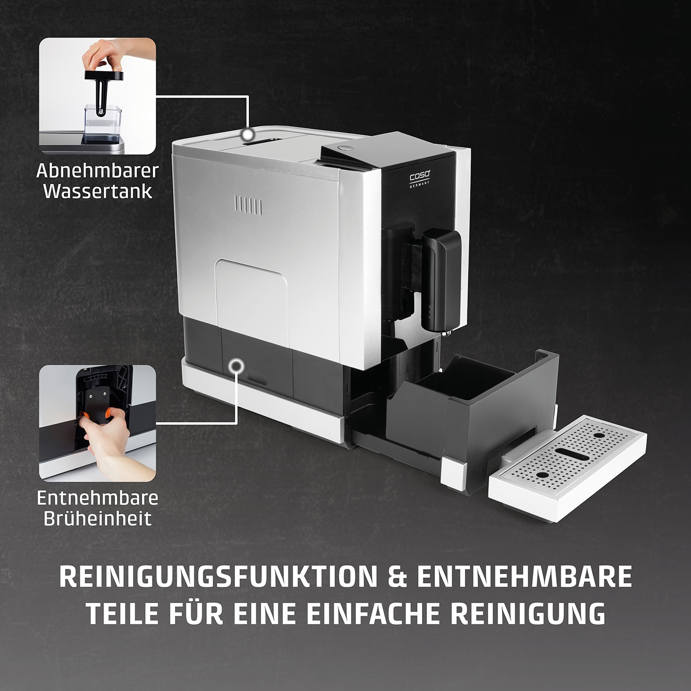 Coffee machine with removable water tank and brewing unit for easy cleaning.