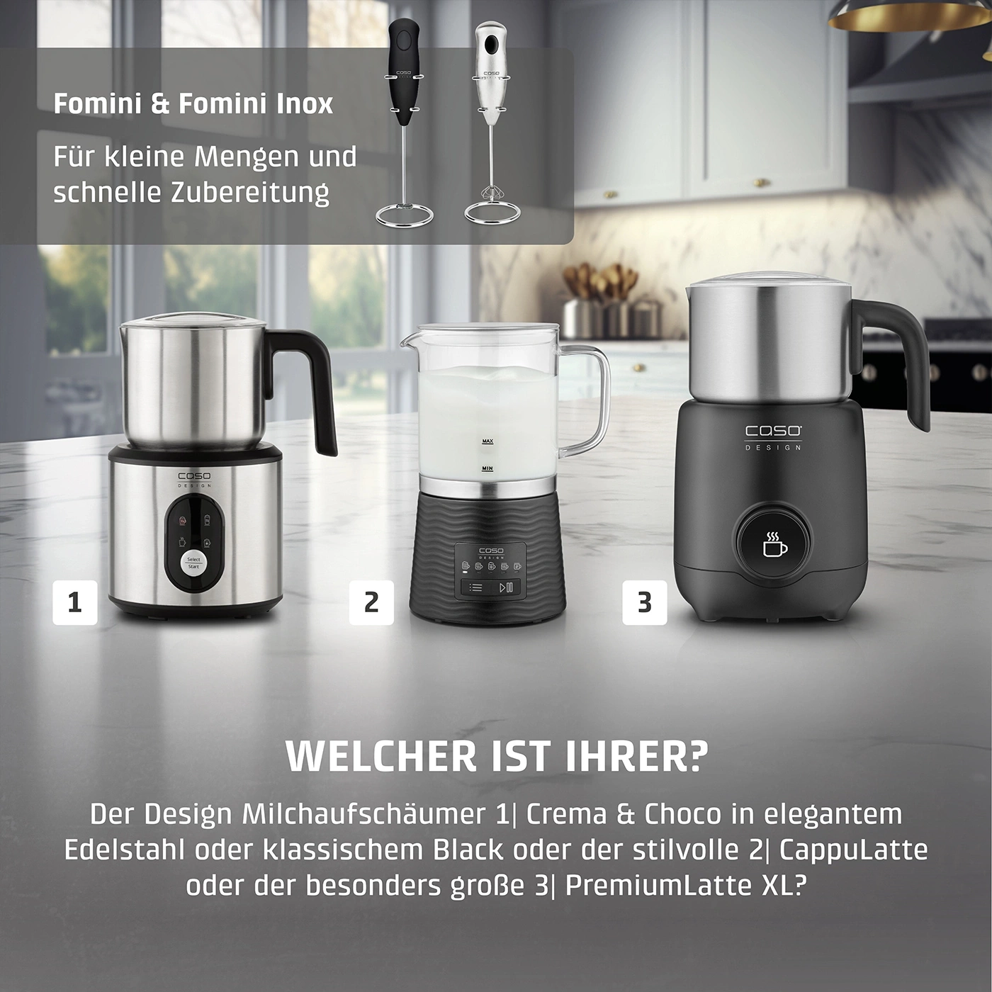 Milchaufschäumer-Produktwerbung mit drei Optionen: Crema & Choco, CappuLatte, PremiumLatte XL.