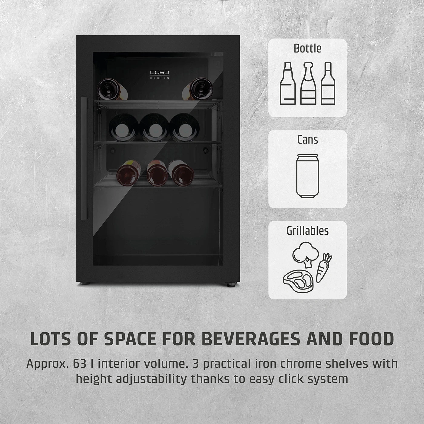 Refrigerator with drinks and snacks, bottles, cans and grilled food.
